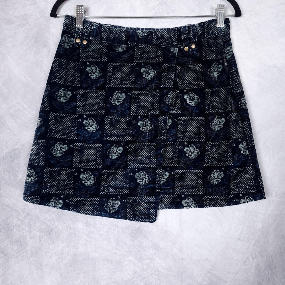 Pilcro Skirt Womens 6 Blue Floral Corduroy Wrap Mini Pockets Studded Fall Casual
